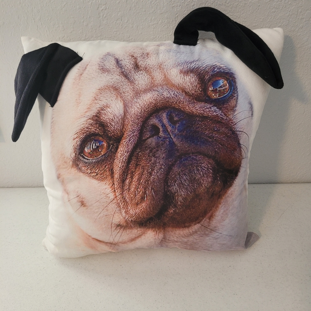 NEW Pug with Floppy Ears Extra Soft Fabric Pillow with Removable Washable Cover